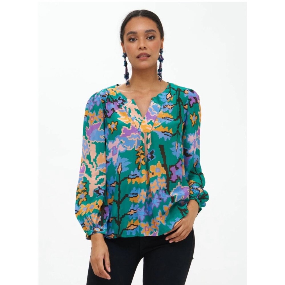 Oliphant Bukhara Green V-Neck Blouse Long Balloon Sleeve Silk Viscose Top Sz XL